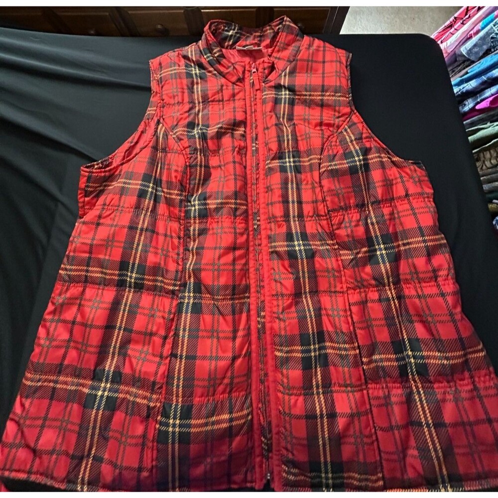 NWOT Woman Within Vest 3X 30 32 Plus Red Black Plaid Zip Standing Collar Poc
